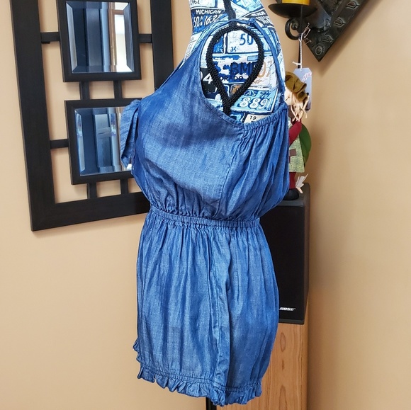 DENIM TANK TOP RUFFLE EDGE SHORTS ROMPER - Picture 4 of 8